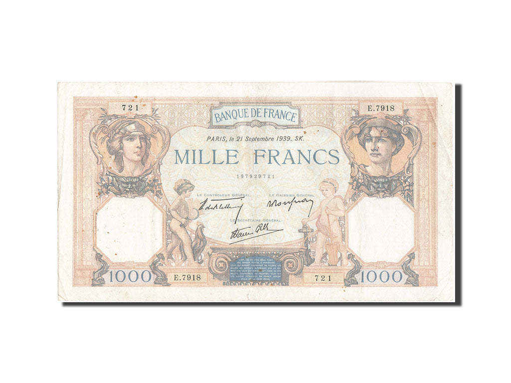 Frankreich, 1000 Francs, 1 000 F 1927-1940 ''Cérès et Mercure'', 1939, KM:9...