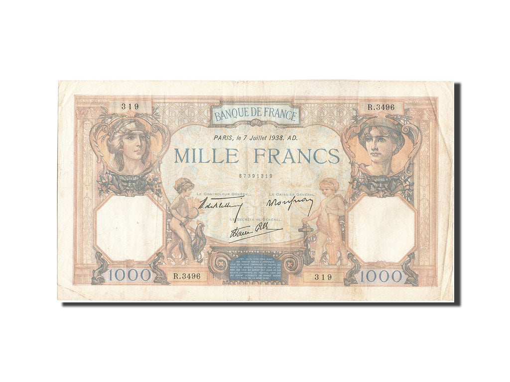 Banknot, Francja, 1000 Francs, Minerve et Hercule, 1938, 1938-07-07, VF(30-35)