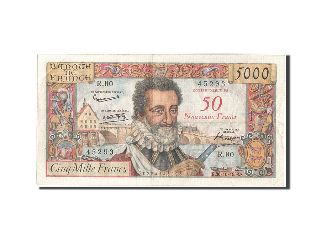 Banknote, France, 50 Nouveaux Francs on 5000 Francs, 1955-1959 Overprinted with