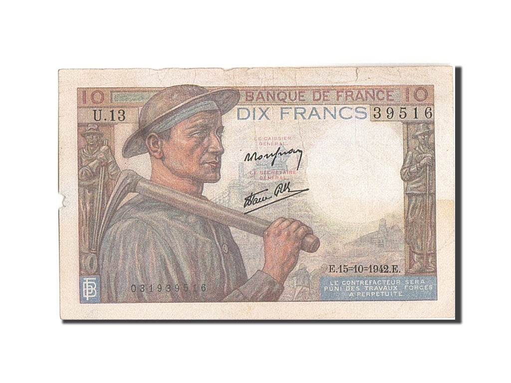 Banknote, France, 10 Francs, 10 F 1941-1949 ''Mineur'', 1942, 1942-10-15