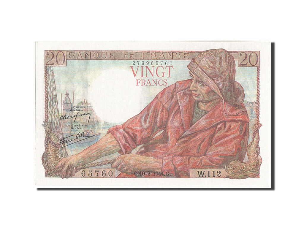 France, 20 Francs, 20 F 1942-1950 ''Pêcheur'', 1944, KM:100a, 1944-02-10, AU...
