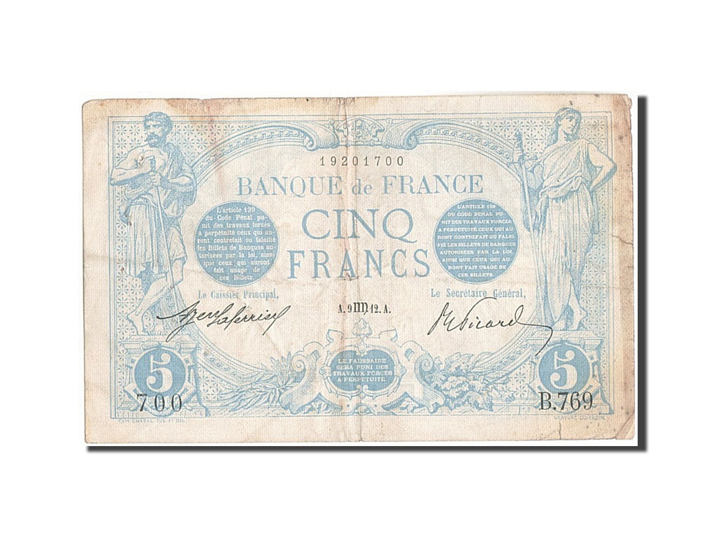 France, 5 Francs, 5 F 1912-1917 ''Bleu'', 1912, 1912-08-09, KM:70, TB, Fayett...