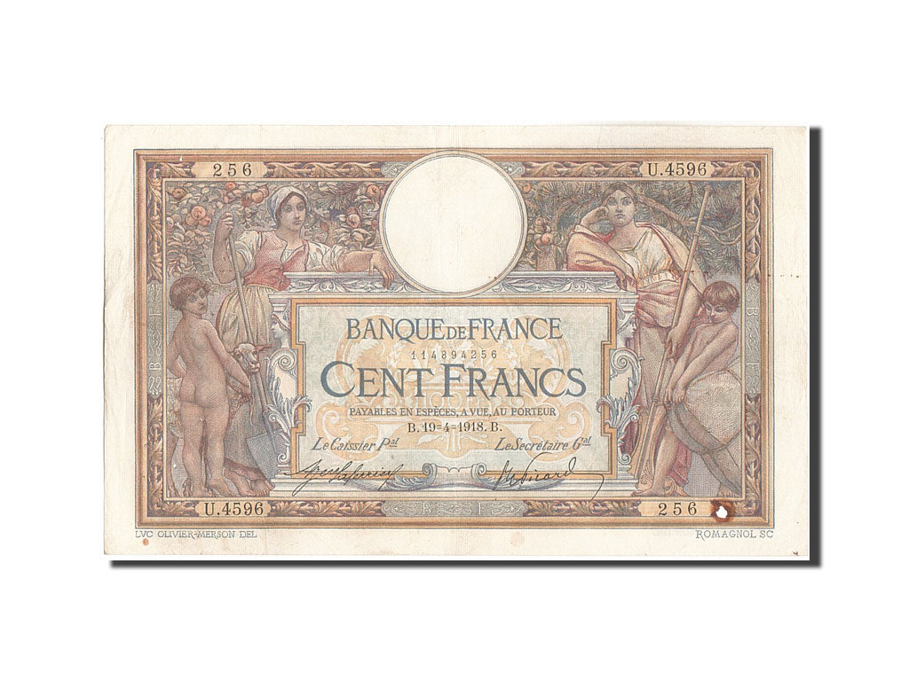 France, 100 Francs, 100 F 1908-1939 ''Luc Olivier Merson'', 1918, KM:71a, 191...
