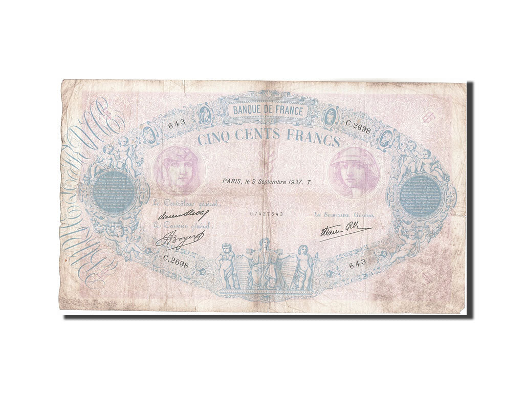 France, 500 Francs, 500 F 1888-1940 ''Bleu et Rose'', 1937, KM:88b, 1937-09-0...