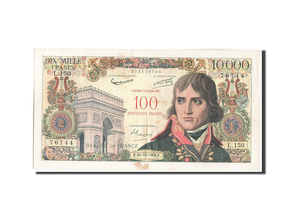 Banknot, Francja, 100 Nouveaux Francs on 10,000 Francs, 1955-1959 Overprinted