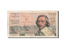 Geldschein, Frankreich, 10 Nouveaux Francs on 1000 Francs, 1955-1959 Overprinted