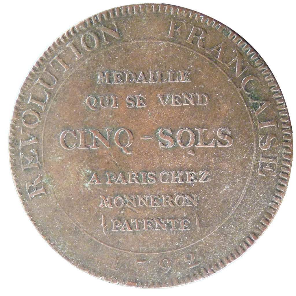 FRANCE, 5 Sols, 1792, EF(40-45), Bronze, Brandon #226, 26.50