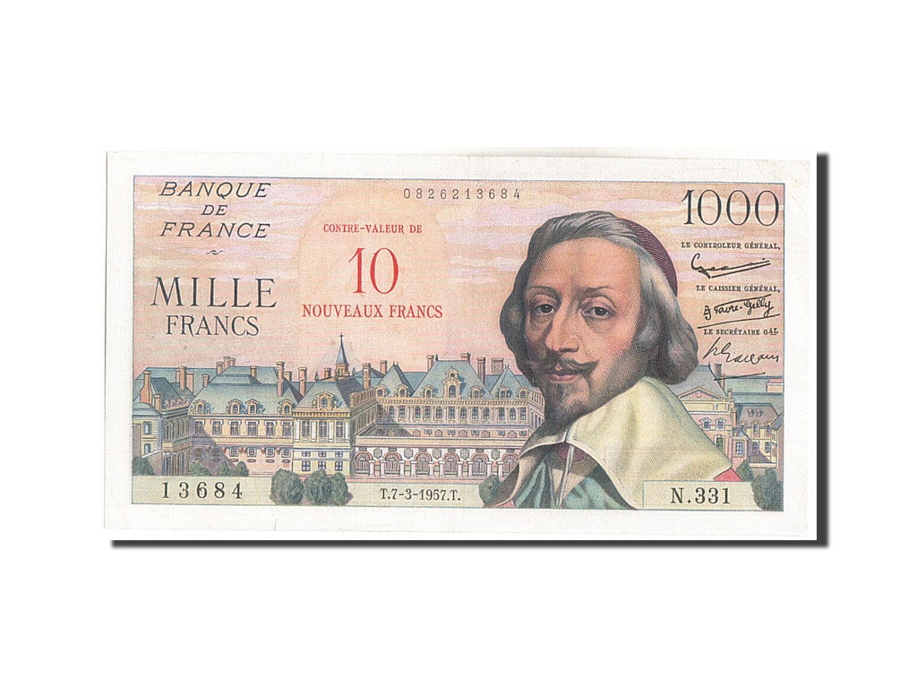 Banknote, France, 10 Nouveaux Francs on 1000 Francs, 1955-1959 Overprinted with