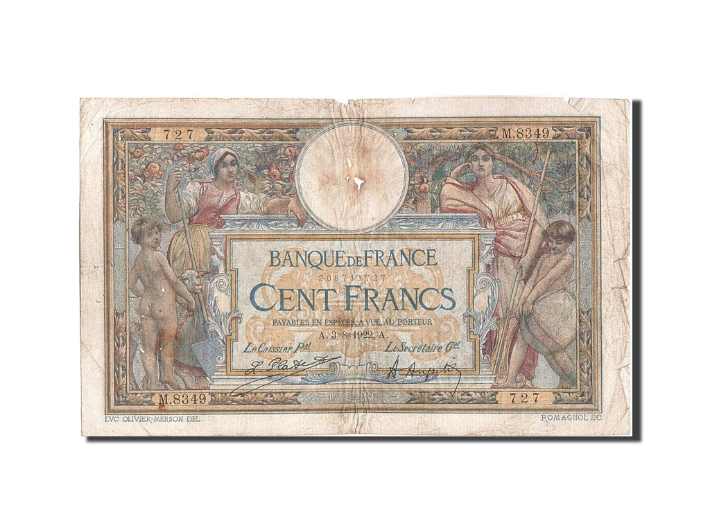 Banknote, France, 100 Francs, 100 F 1908-1939 ''Luc Olivier Merson'', 1922