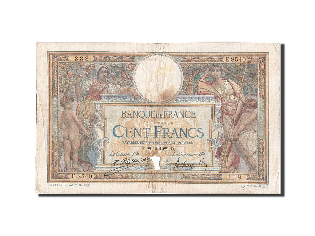 Francia, 100 Francs, 100 F 1908-1939 ''Luc Olivier Merson'', 1922, KM:71c, 19...