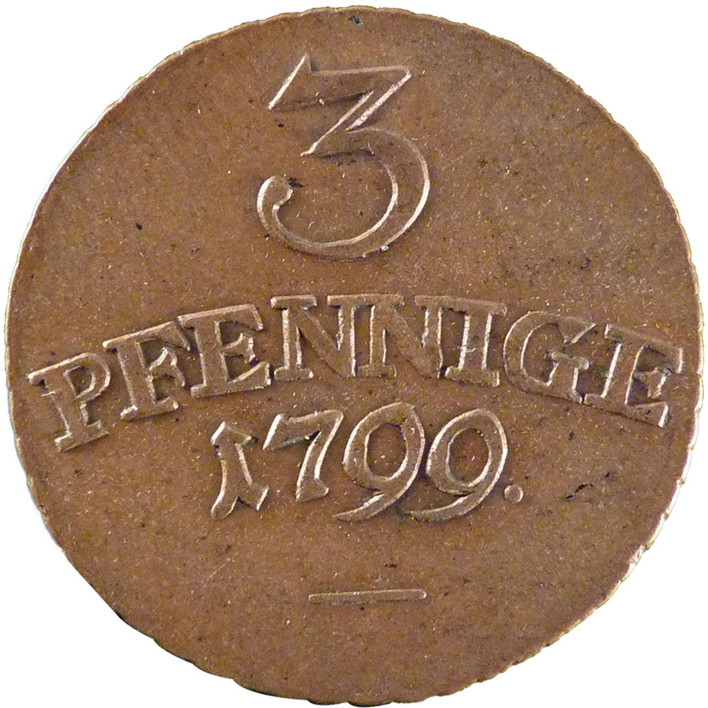 Germany, 3 Pfenninge, 1799, AU(55-58), Copper, 7.60