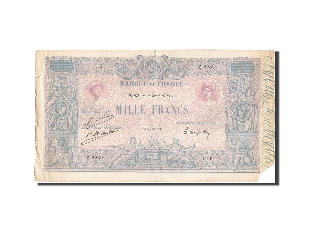 France, 1000 Francs, 1 000 F 1889-1926 ''Bleu et Rose'', 1926, KM:67j, 1926-0...