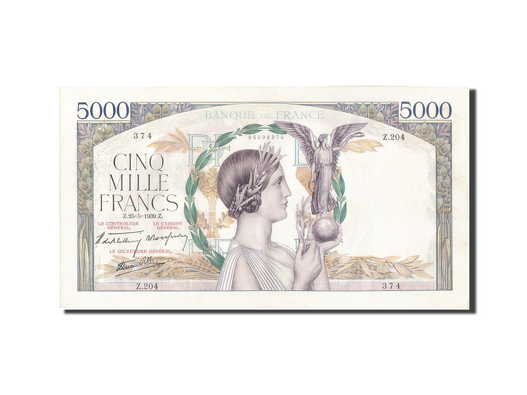 Francia, 5000 Francs, 5 000 F 1934-1944 ''Victoire'', 1939, KM:97a, 1939-05-2...