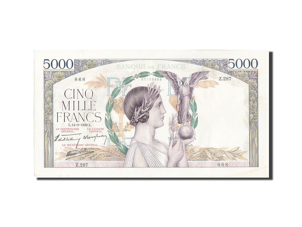 Banknote, France, 5000 Francs, 5 000 F 1934-1944 ''Victoire'', 1939, 1939-09-14