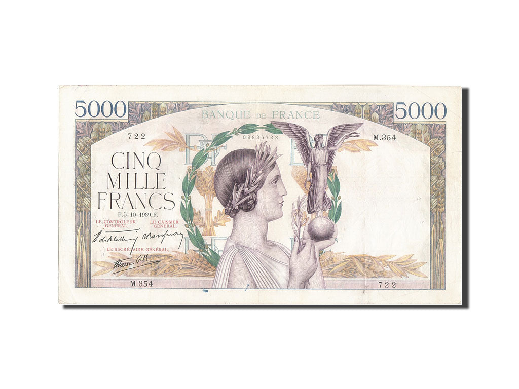 Francia, 5000 Francs, 5 000 F 1934-1944 ''Victoire'', 1939, KM:97a, 1939-10-0...