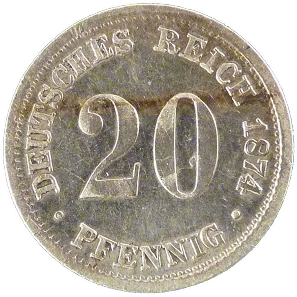 GERMANIA - IMPERO, Wilhelm I, 20 Pfennig, 1874, Munich, BB, Argento, KM:5