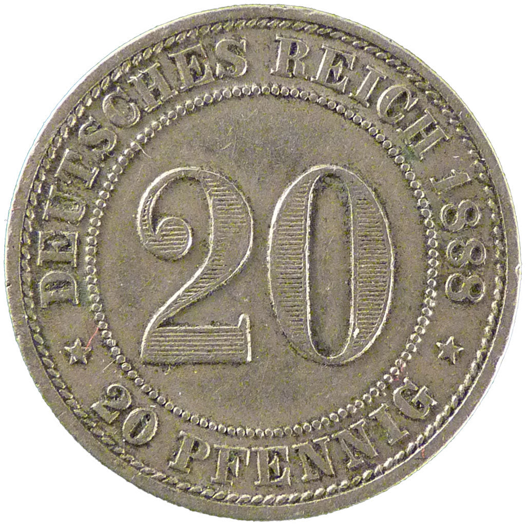 GERMANIA - IMPERO, Wilhelm I, 20 Pfennig, 1888, Karlsruhe, BB, Rame-nichel