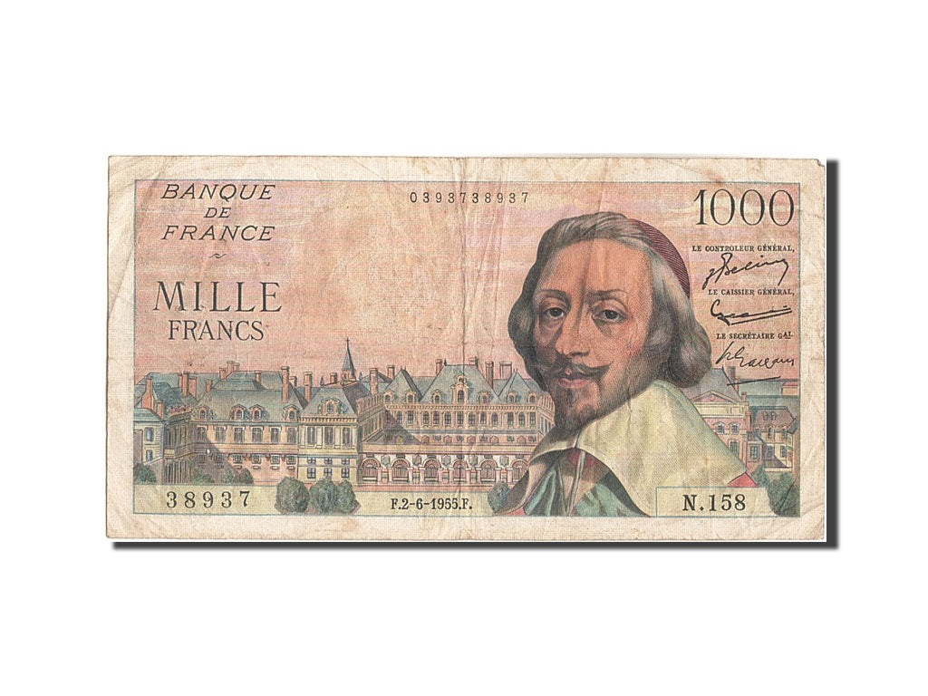 Geldschein, Frankreich, 1000 Francs, 1 000 F 1953-1957 ''Richelieu'', 1955