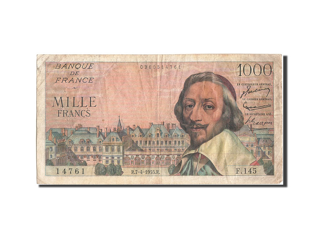 France, 1000 Francs, 1 000 F 1953-1957 ''Richelieu'', 1955, KM:134a, 1955-04-...