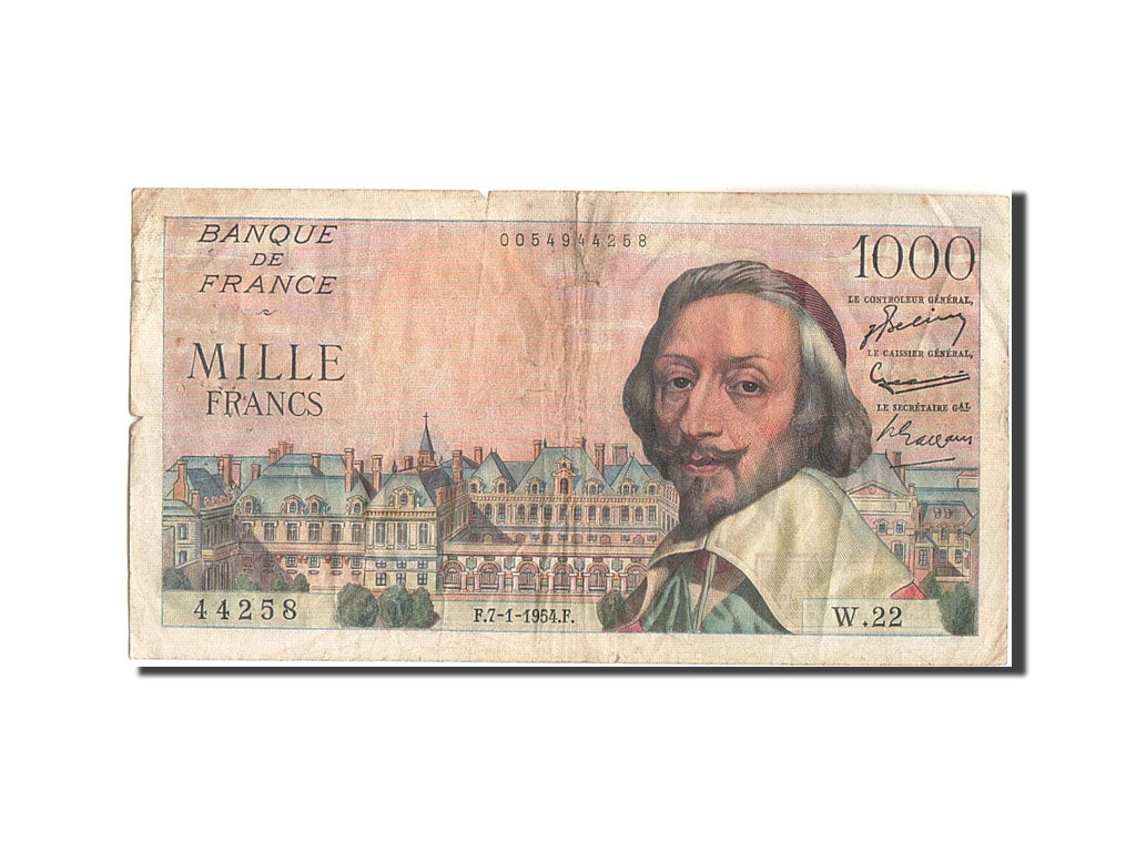 Geldschein, Frankreich, 1000 Francs, 1 000 F 1953-1957 ''Richelieu'', 1954
