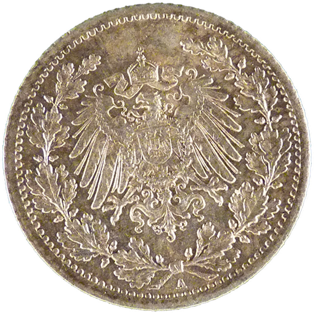 GERMANY - EMPIRE, 1/2 Mark, 1914, Berlin, KM #17, MS(60-62), Silver, 20, 2.80