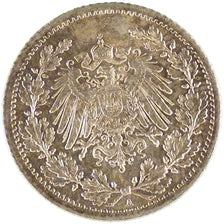 GERMANY - EMPIRE, 1/2 Mark, 1914, Berlin, KM #17, MS(60-62), Silver, 20, 2.80
