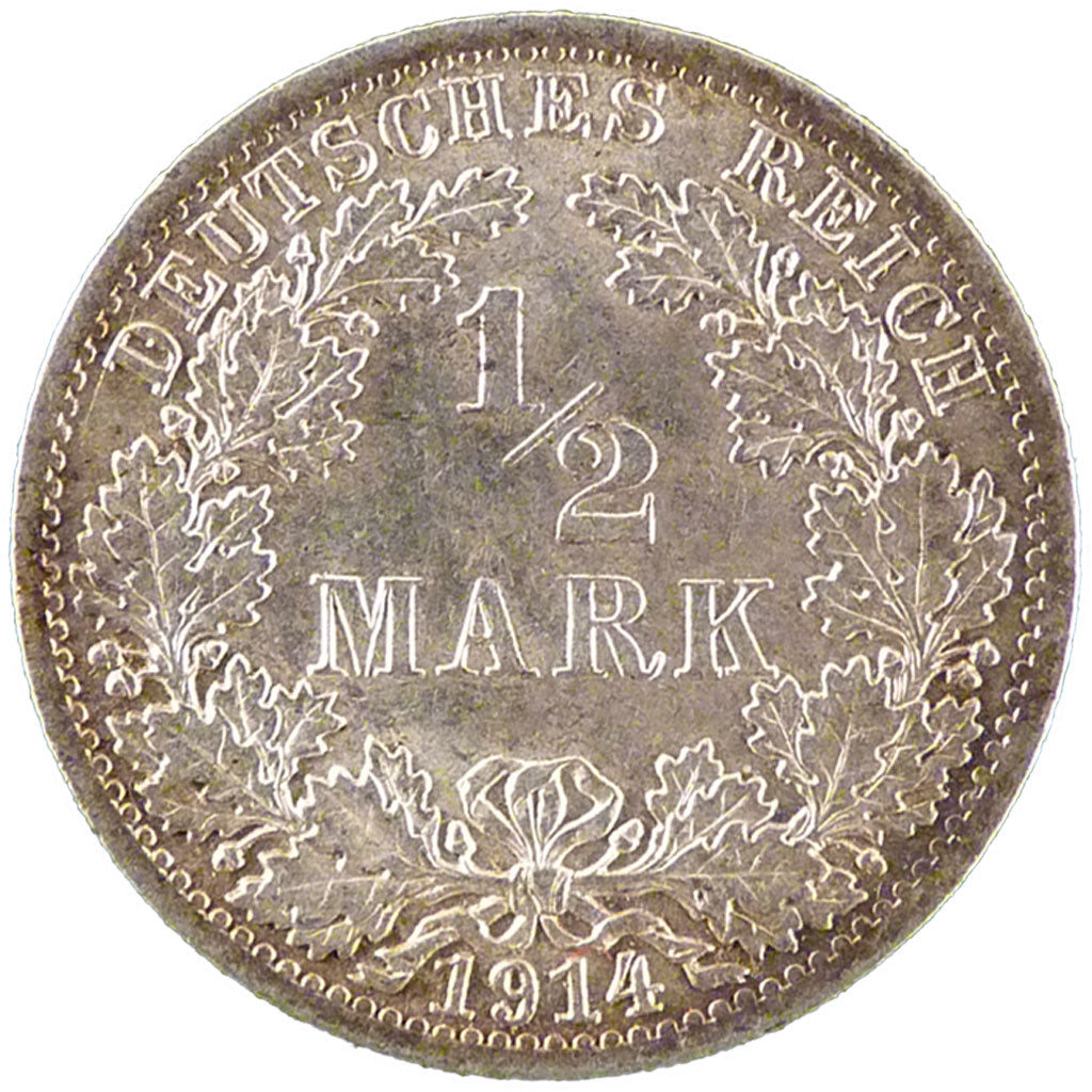 GERMANY - EMPIRE, 1/2 Mark, 1914, Berlin, KM #17, MS(60-62), Silver, 20, 2.80