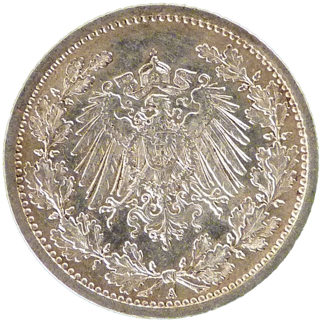 GERMANY - EMPIRE, 1/2 Mark, 1915, Berlin, KM #17, MS(60-62), Silver, 20, 2.80