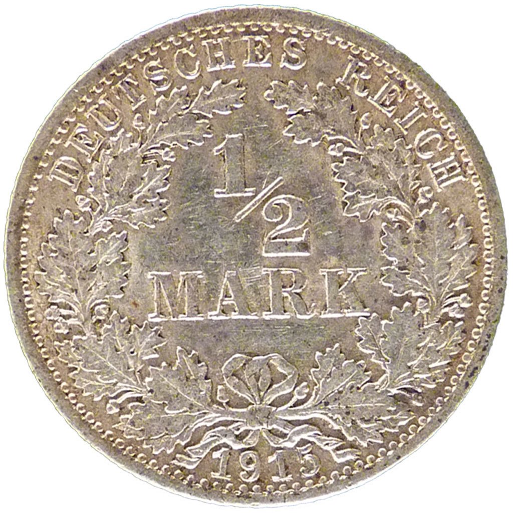 GERMANY - EMPIRE, 1/2 Mark, 1915, Berlin, KM #17, MS(60-62), Silver, 20, 2.80
