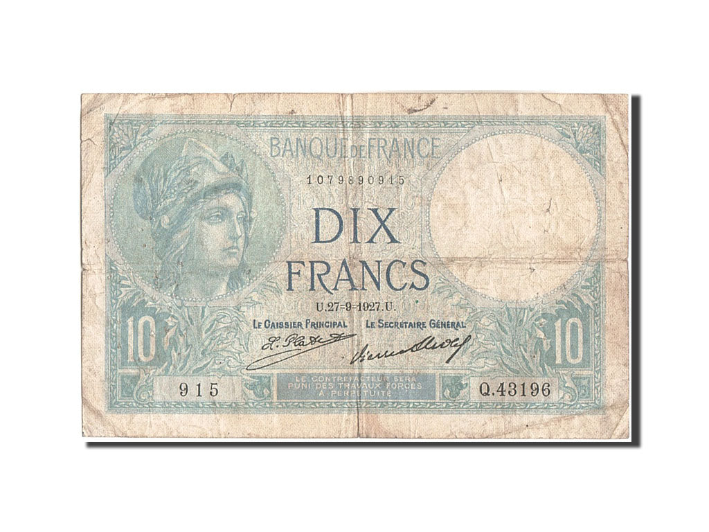 Biljet, Frankrijk, 10 Francs, 10 F 1916-1942 ''Minerve'', 1927, 1927-09-09, TB