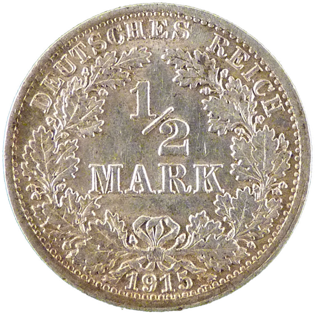 GERMANY - EMPIRE, 1/2 Mark, 1915, Berlin, AU(55-58), Silver, 20, 2.80