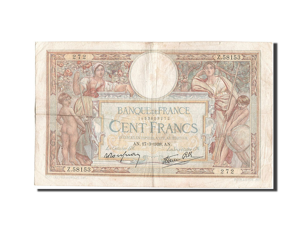 Banknote, France, 100 Francs, 100 F 1908-1939 ''Luc Olivier Merson'', 1938