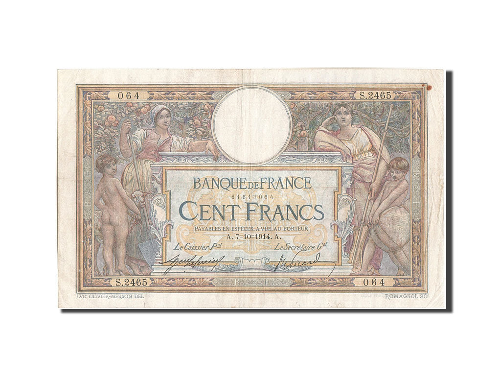 Banknote, France, 100 Francs, 100 F 1908-1939 ''Luc Olivier Merson'', 1914
