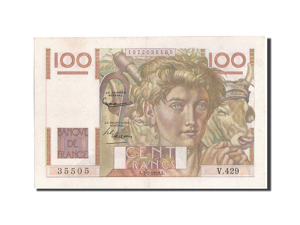 Francia, 100 Francs, 100 F 1945-1954 ''Jeune Paysan'', 1952, KM:128d, 1952-02...