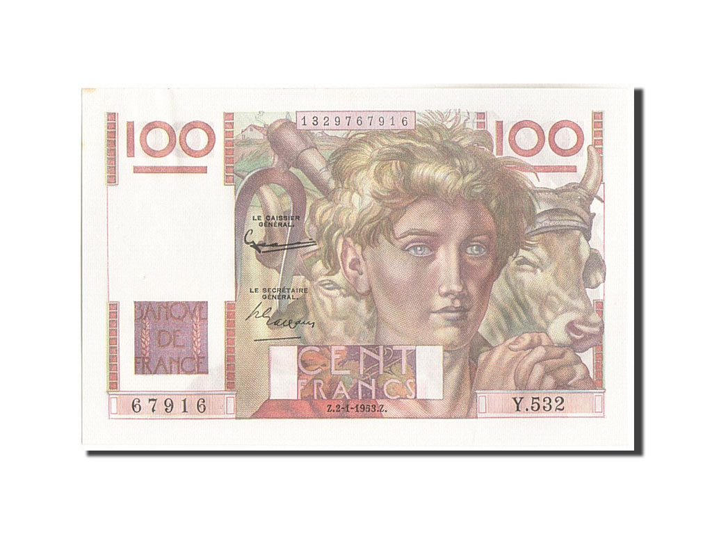 Billete, Francia, 100 Francs, 100 F 1945-1954 ''Jeune Paysan'', 1953