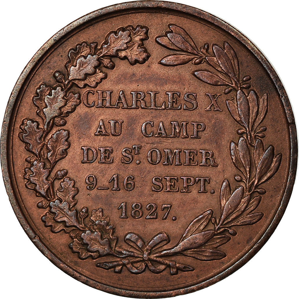 France, Jeton, Charles X au Camp de Saint-Omer, 1827, Dubois.E, SPL, Cuivre