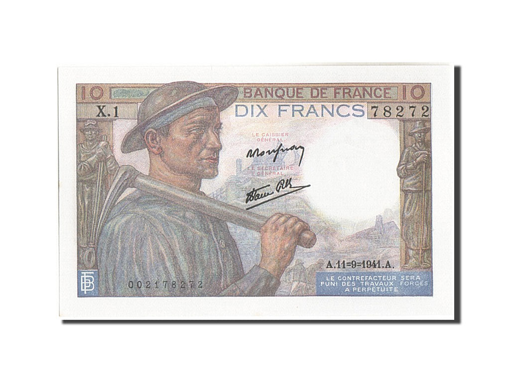 France, 10 Francs, 10 F 1941-1949 ''Mineur'', 1941, KM:99a, 1941-09-11, UNC(6...