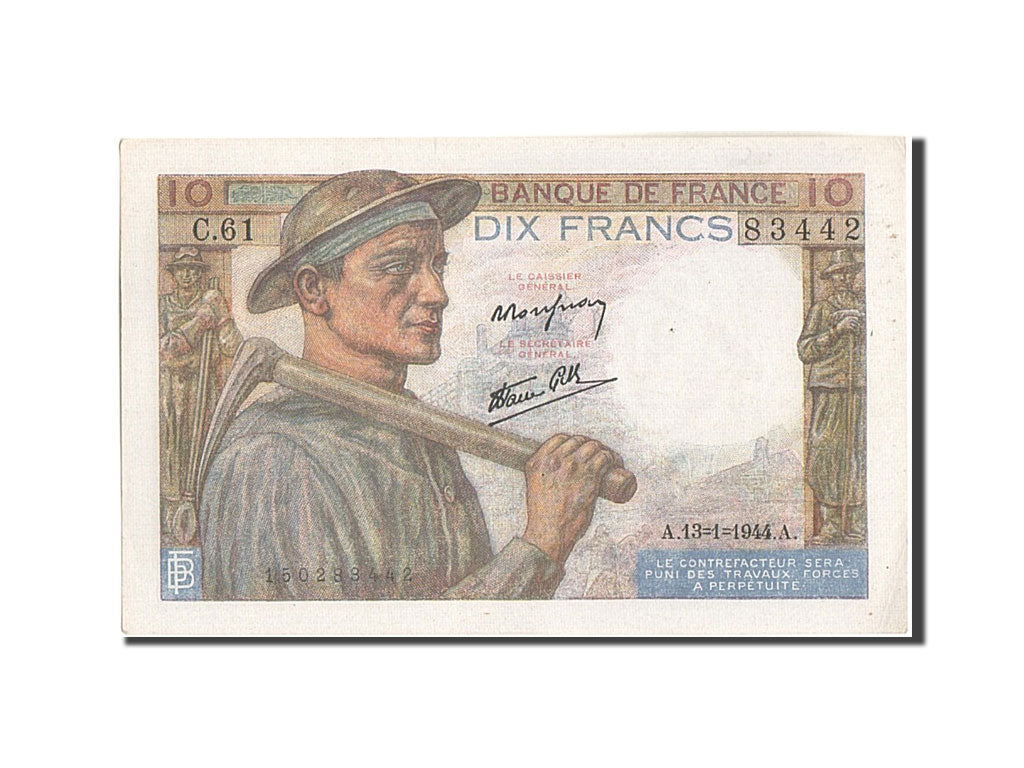 France, 10 Francs, 10 F 1941-1949 ''Mineur'', 1944, KM:99e, 1944-01-13, UNC(6...