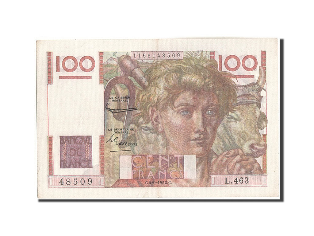 Geldschein, Frankreich, 100 Francs, 100 F 1945-1954 ''Jeune Paysan'', 1952