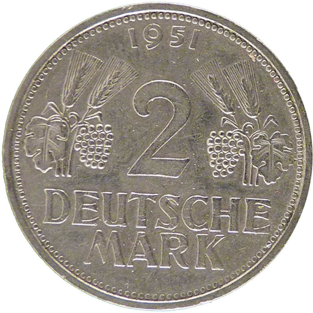 GERMANY - FEDERAL REPUBLIC, 2 Mark, 1951, Stuttgart, KM #111, EF(40-45),...
