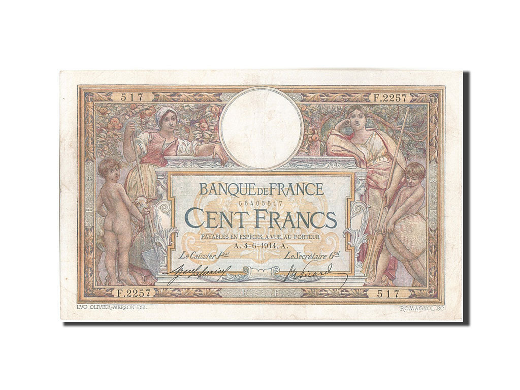 France, 100 Francs, 100 F 1908-1939 ''Luc Olivier Merson'', 1914, KM:71a, 191...