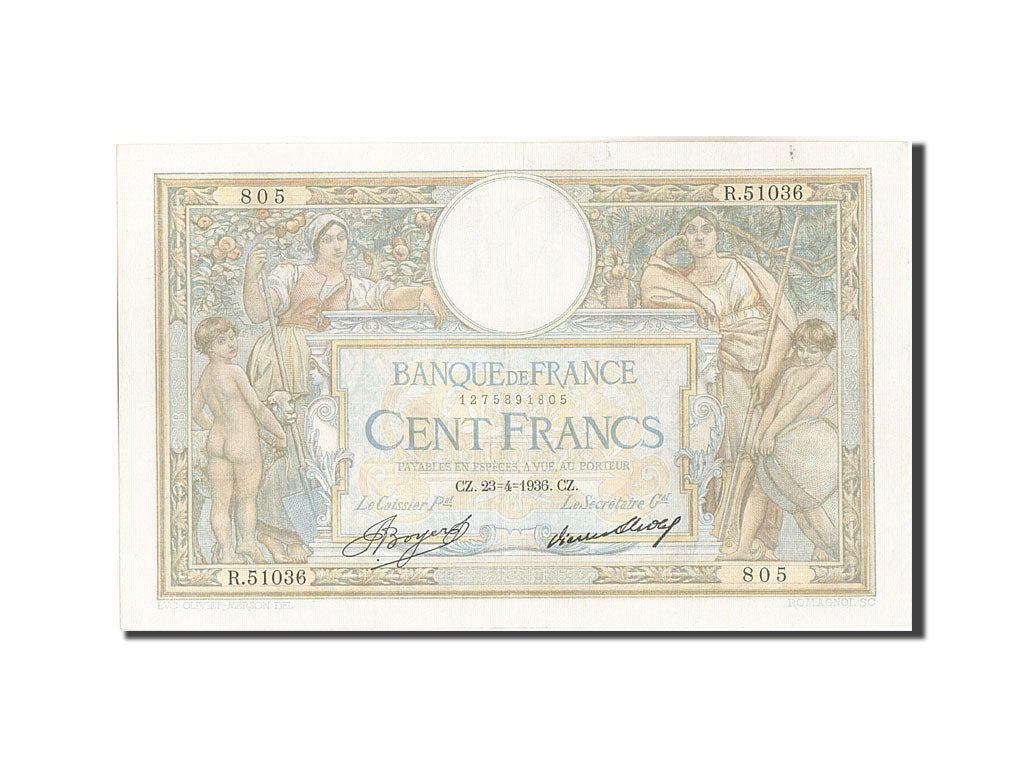 Banknote, France, 100 Francs, 100 F 1908-1939 ''Luc Olivier Merson'', 1936