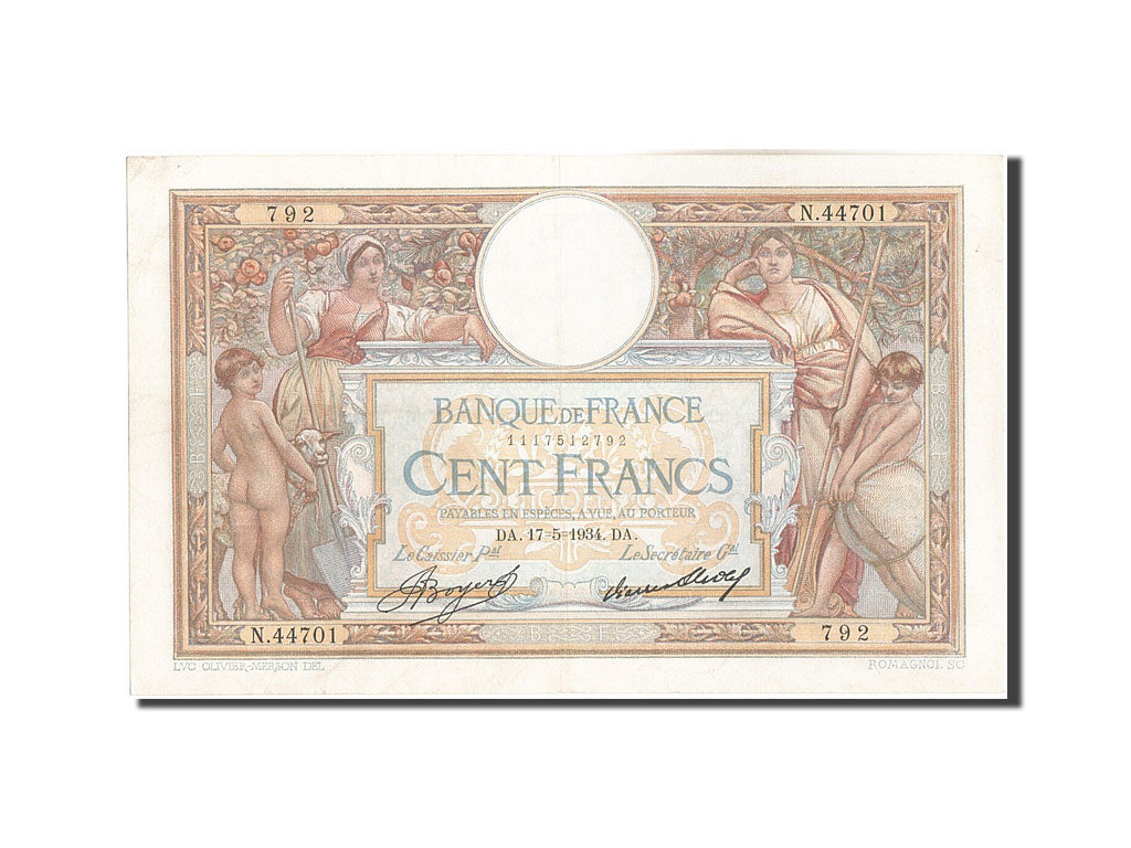 Banknote, France, 100 Francs, 100 F 1908-1939 ''Luc Olivier Merson'', 1934