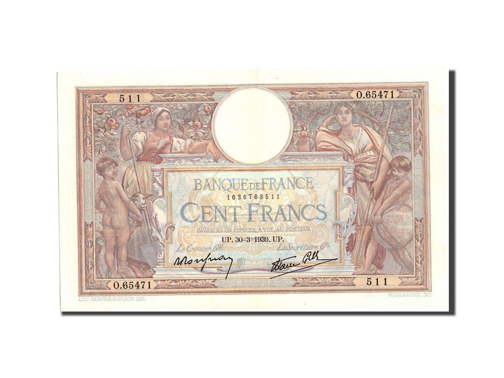Banknote, France, 100 Francs, 100 F 1908-1939 ''Luc Olivier Merson'', 1939