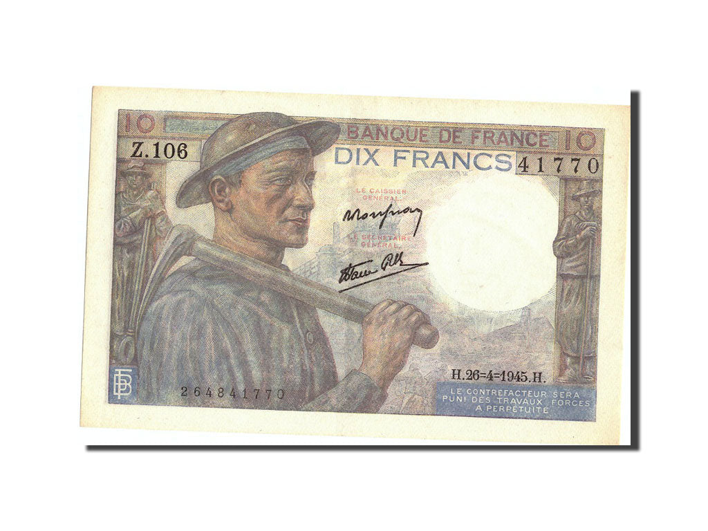 France, 10 Francs, 10 F 1941-1949 ''Mineur'', 1945, KM:99e, 1945-04-26, UNC(6...