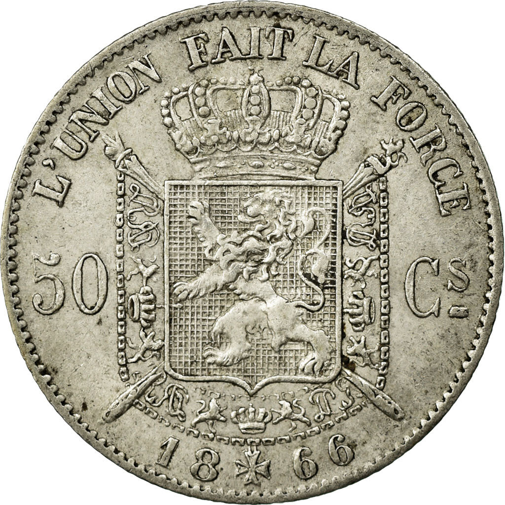 Moneta, Belgio, Leopold II, 50 Centimes, 1866, BB+, Argento