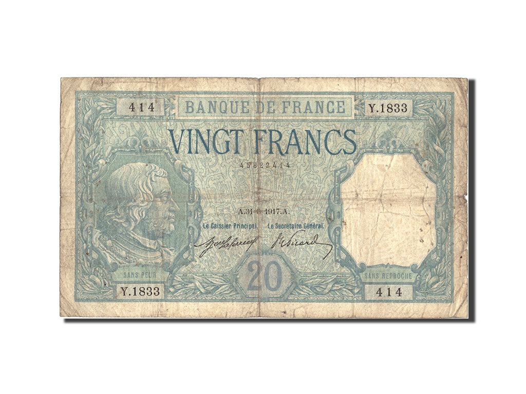 France, 20 Francs, 20 F 1916-1919 ''Bayard'', 1917, KM:74, 1917-03-31, VG(8-1...