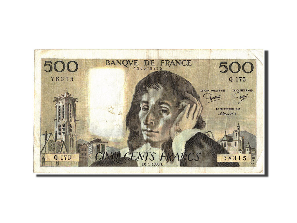 France, 500 Francs, 500 F 1968-1993 ''Pascal'', 1983, KM:156e, 1983-01-06, VF...