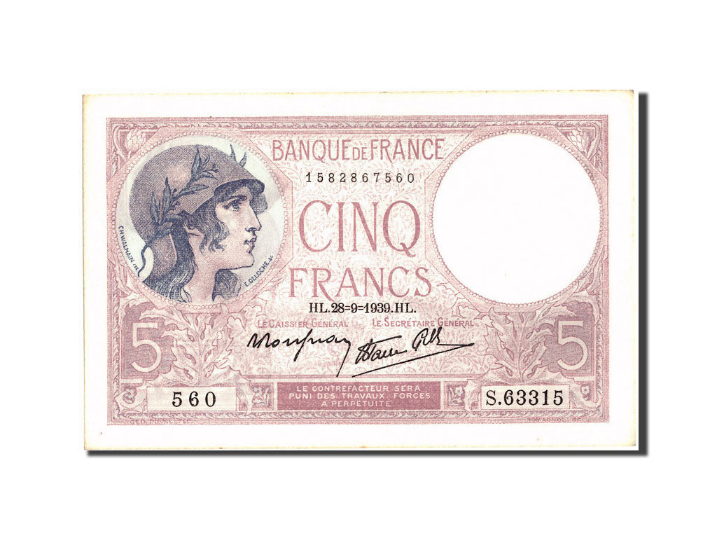 Banknote, France, 5 Francs, 5 F 1917-1940 ''Violet'', 1939, 1939-09-28