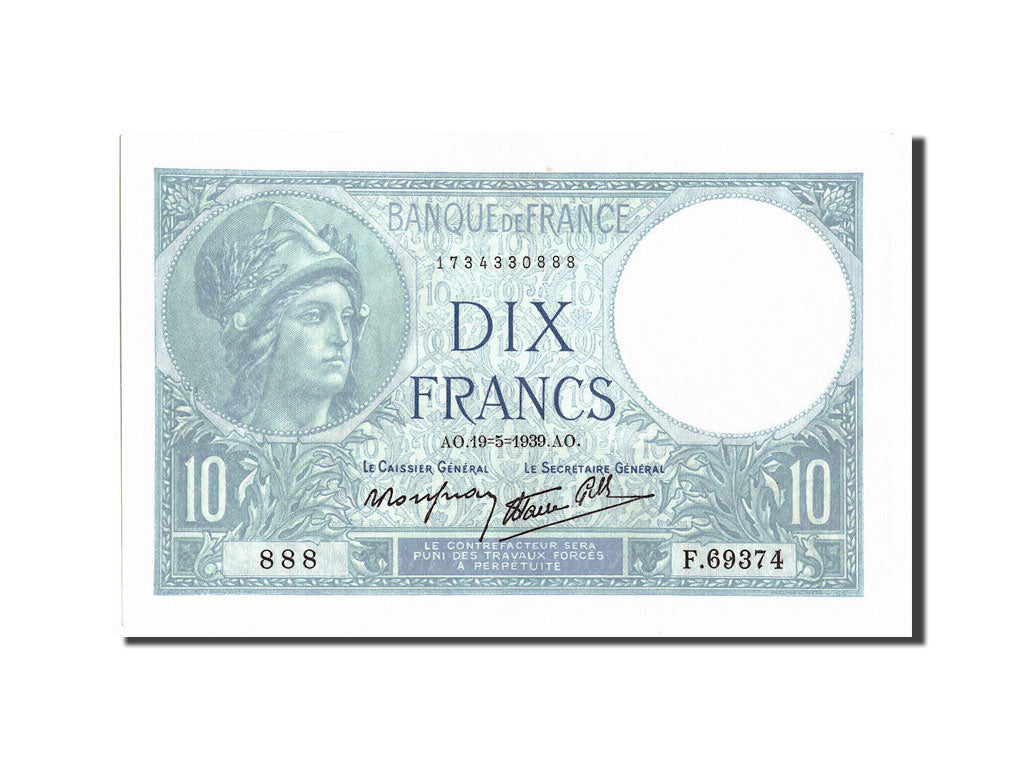 France, 10 Francs, 10 F 1916-1942 ''Minerve'', 1939, 1939-05-19, KM:84, SUP,...